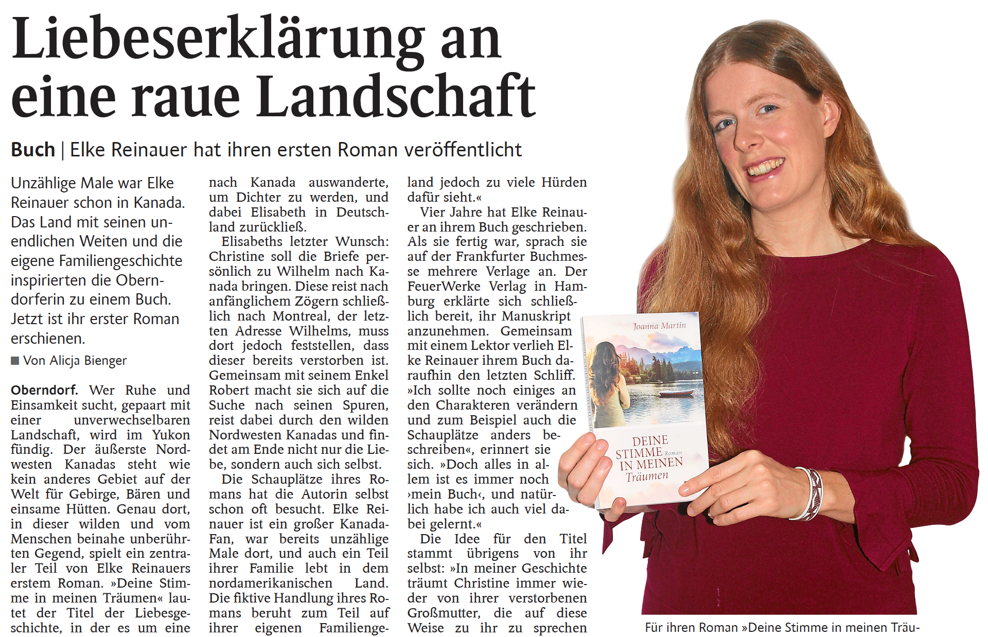Autorin Elke Reinauer mit ihrem Buch "Deine Stimme in meinen Träumen". Ein Zeitungsartikel mit dem Titel: Liebeserklärung an eine raue Landschaft.